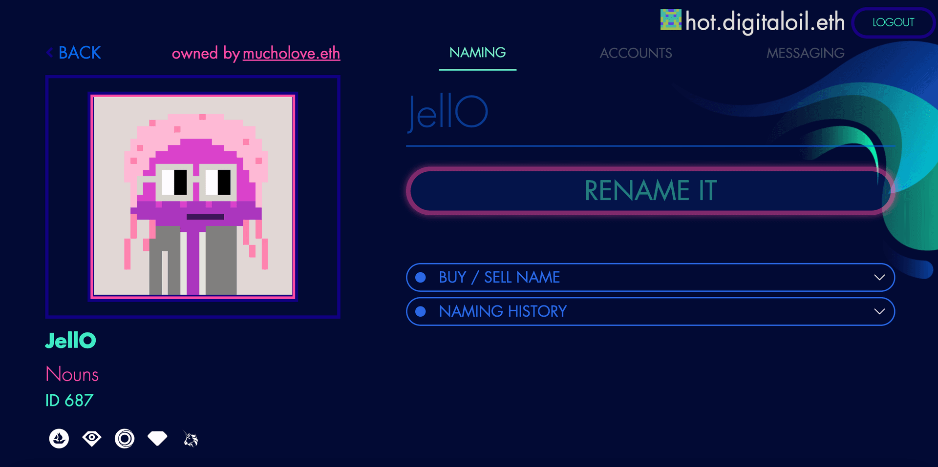 Current profile page of JellO. Previously owned by our Treasury (at time of naming). Now owned by mucholove.eth. This Noun is reachable at jello.nftr.name